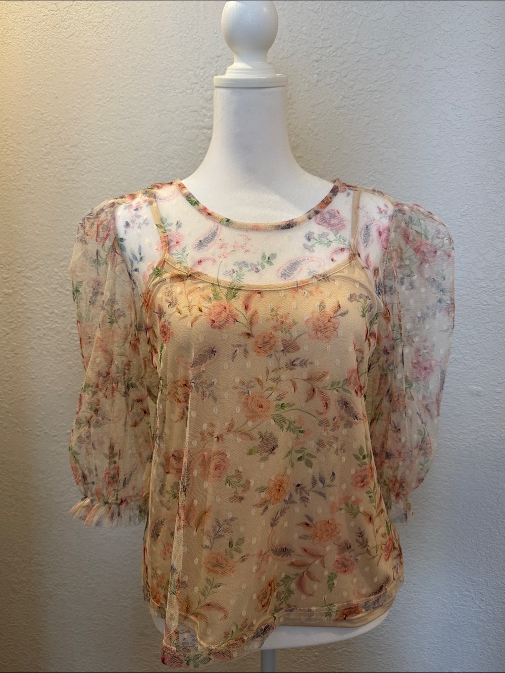 Floral Sheer Puff-Sleeve Blouse in Peach